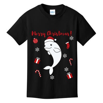 Beluga Cheerful Christmas Santas Hat Sweet Animals Whale Kids T-Shirt