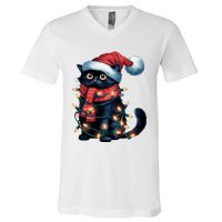 Black Cat Christmas Women Family Funny Xmas Pajamas Long Sleeve V-Neck T-Shirt