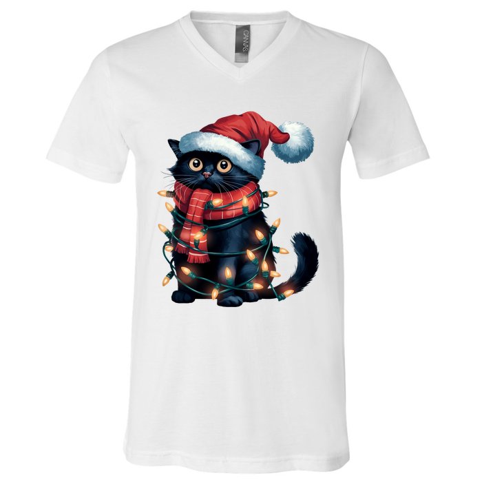 Black Cat Christmas Women Family Funny Xmas Pajamas Long Sleeve V-Neck T-Shirt