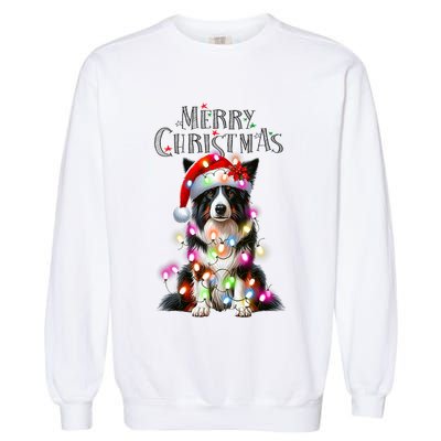 Border Collie Christmas Lights Xmas Dog Santa Garment-Dyed Sweatshirt