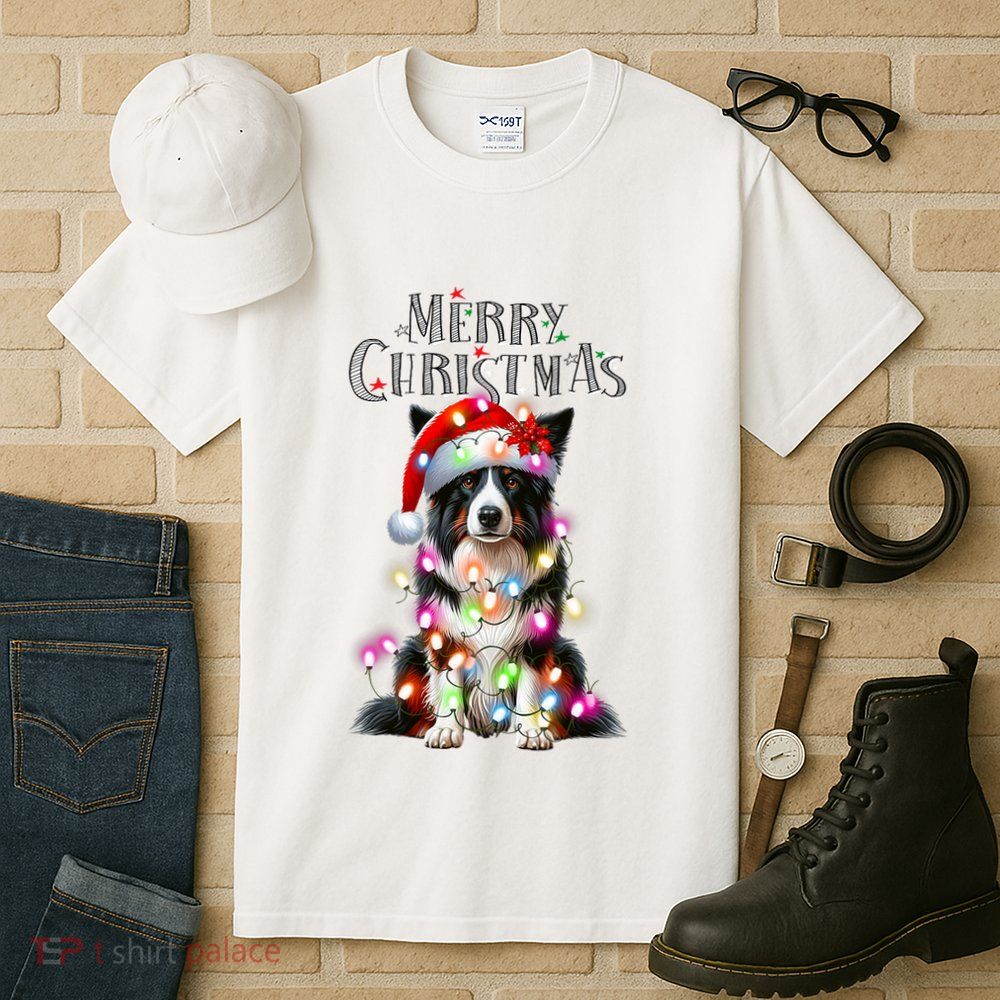 Border Collie Christmas Lights Xmas Dog Santa Tall T-Shirt