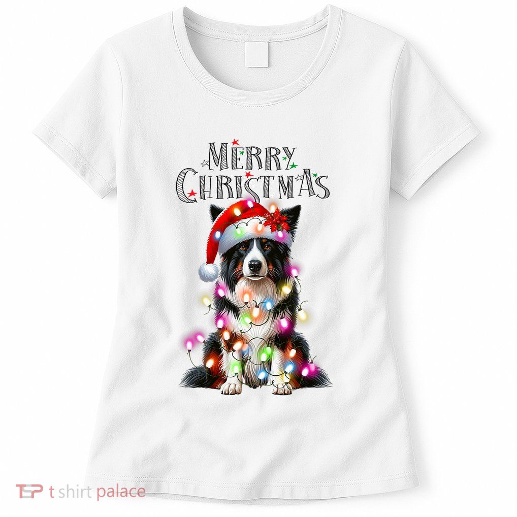 Border Collie Christmas Lights Xmas Dog Santa Womens T-Shirt