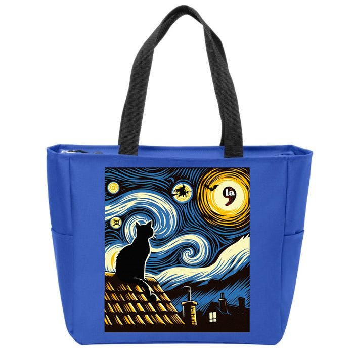 Black Cat Comma La Kamala Harris Halloween Starry Night Zip Tote Bag