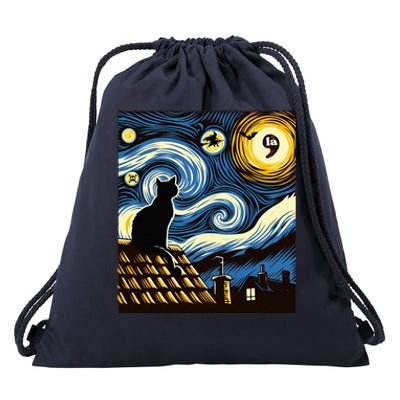 Black Cat Comma La Kamala Harris Halloween Starry Night Drawstring Bag