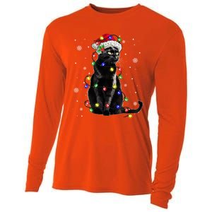 Black Cat Christmas Lights Santa Funny Cat Dad Mom Xmas Gift Cooling Performance Long Sleeve Crew