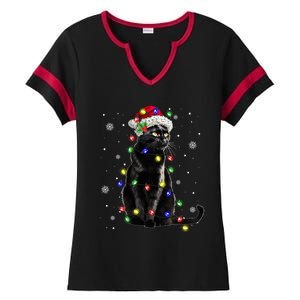 Black Cat Christmas Lights Santa Funny Cat Dad Mom Xmas Gift Ladies Halftime Notch Neck Tee