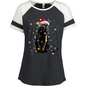 Black Cat Christmas Lights Santa Funny Cat Dad Mom Xmas Gift Enza Ladies Jersey Colorblock Tee