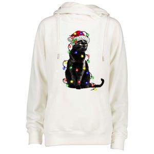 Black Cat Christmas Lights Santa Funny Cat Dad Mom Xmas Gift Womens Funnel Neck Pullover Hood