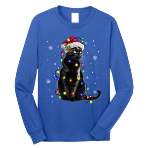 Black Cat Christmas Lights Santa Funny Cat Dad Mom Xmas Gift Long Sleeve Shirt