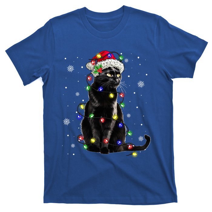 Black Cat Christmas Lights Santa Funny Cat Dad Mom Xmas Gift T-Shirt