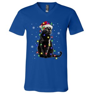 Black Cat Christmas Lights Santa Funny Cat Dad Mom Xmas Gift V-Neck T-Shirt