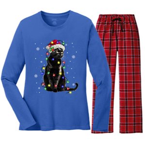 Black Cat Christmas Lights Santa Funny Cat Dad Mom Xmas Gift Women's Long Sleeve Flannel Pajama Set 