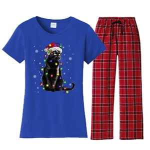 Black Cat Christmas Lights Santa Funny Cat Dad Mom Xmas Gift Women's Flannel Pajama Set