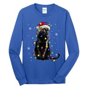 Black Cat Christmas Lights Santa Funny Cat Dad Mom Xmas Gift Tall Long Sleeve T-Shirt