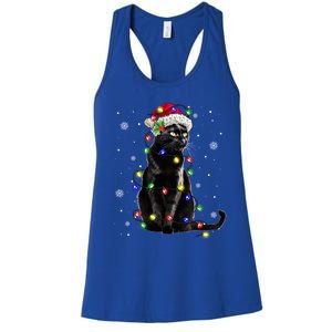 Black Cat Christmas Lights Santa Funny Cat Dad Mom Xmas Gift Women's Racerback Tank