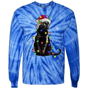 Black Cat Christmas Lights Santa Funny Cat Dad Mom Xmas Gift Tie-Dye Long Sleeve Shirt