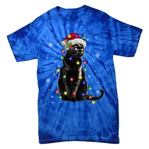 Black Cat Christmas Lights Santa Funny Cat Dad Mom Xmas Gift Tie-Dye T-Shirt