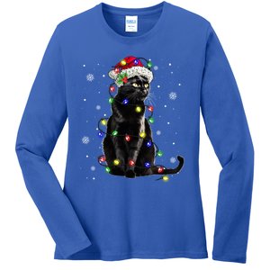 Black Cat Christmas Lights Santa Funny Cat Dad Mom Xmas Gift Ladies Long Sleeve Shirt