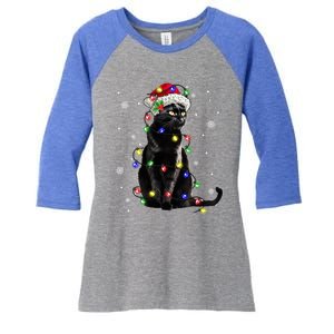 Black Cat Christmas Lights Santa Funny Cat Dad Mom Xmas Gift Women's Tri-Blend 3/4-Sleeve Raglan Shirt