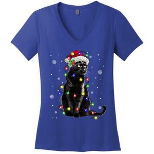 Black Cat Christmas Lights Santa Funny Cat Dad Mom Xmas Gift Women's V-Neck T-Shirt