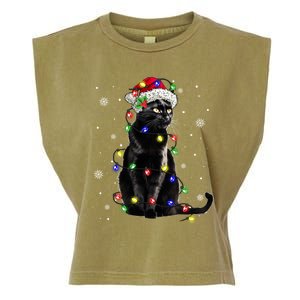 Black Cat Christmas Lights Santa Funny Cat Dad Mom Xmas Gift Garment-Dyed Women's Muscle Tee