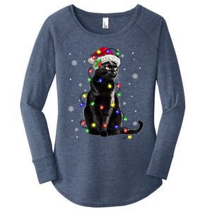 Black Cat Christmas Lights Santa Funny Cat Dad Mom Xmas Gift Women's Perfect Tri Tunic Long Sleeve Shirt