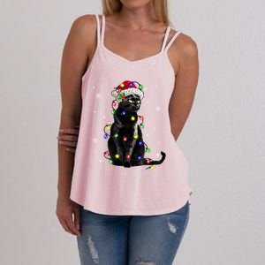 Black Cat Christmas Lights Santa Funny Cat Dad Mom Xmas Gift Women's Strappy Tank