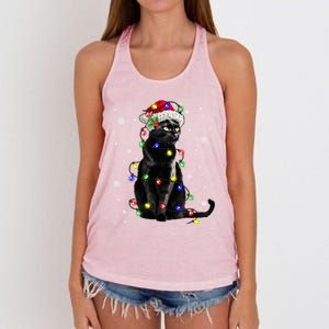 Black Cat Christmas Lights Santa Funny Cat Dad Mom Xmas Gift Women's Knotted Racerback Tank