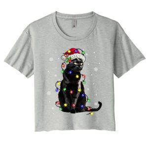 Black Cat Christmas Lights Santa Funny Cat Dad Mom Xmas Gift Women's Crop Top Tee