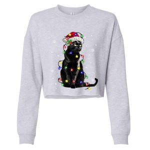 Black Cat Christmas Lights Santa Funny Cat Dad Mom Xmas Gift Cropped Pullover Crew