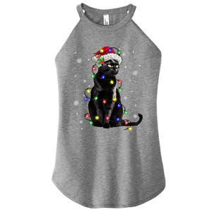 Black Cat Christmas Lights Santa Funny Cat Dad Mom Xmas Gift Women's Perfect Tri Rocker Tank