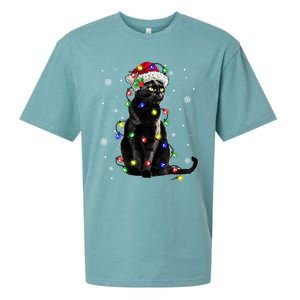 Black Cat Christmas Lights Santa Funny Cat Dad Mom Xmas Gift Sueded Cloud Jersey T-Shirt