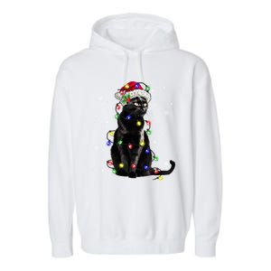 Black Cat Christmas Lights Santa Funny Cat Dad Mom Xmas Gift Garment-Dyed Fleece Hoodie