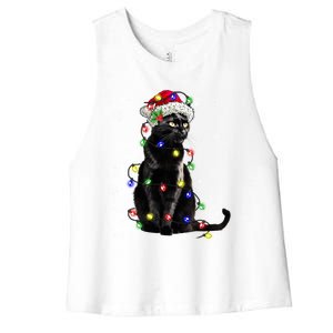 Black Cat Christmas Lights Santa Funny Cat Dad Mom Xmas Gift Women's Racerback Cropped Tank