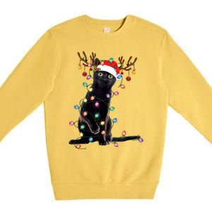 Black Cat Christmas Lights Santa Funny Cat Dad Mom Xmas Funny Gift Premium Crewneck Sweatshirt