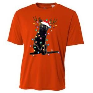 Black Cat Christmas Lights Santa Funny Cat Dad Mom Xmas Funny Gift Cooling Performance Crew T-Shirt