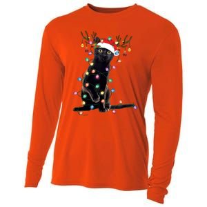 Black Cat Christmas Lights Santa Funny Cat Dad Mom Xmas Funny Gift Cooling Performance Long Sleeve Crew