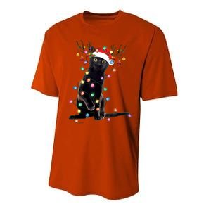 Black Cat Christmas Lights Santa Funny Cat Dad Mom Xmas Funny Gift Performance Sprint T-Shirt