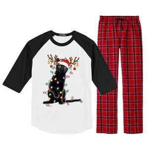 Black Cat Christmas Lights Santa Funny Cat Dad Mom Xmas Funny Gift Raglan Sleeve Pajama Set