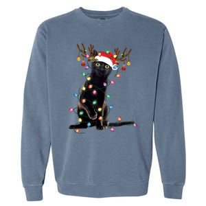 Black Cat Christmas Lights Santa Funny Cat Dad Mom Xmas Funny Gift Garment-Dyed Sweatshirt