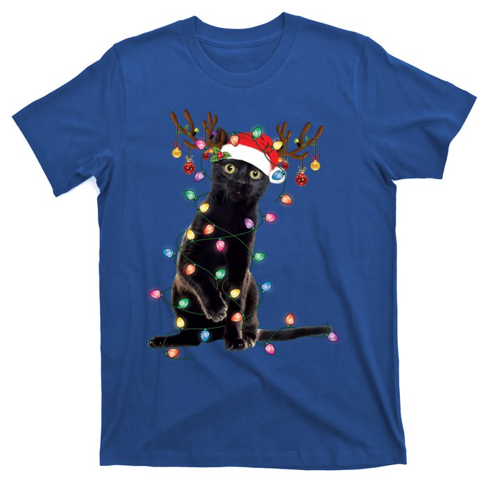 Black Cat Christmas Lights Santa Funny Cat Dad Mom Xmas Funny Gift T-Shirt