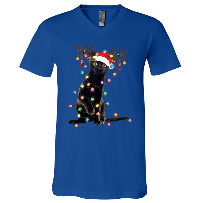 Black Cat Christmas Lights Santa Funny Cat Dad Mom Xmas Funny Gift V-Neck T-Shirt