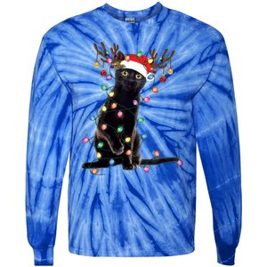 Black Cat Christmas Lights Santa Funny Cat Dad Mom Xmas Funny Gift Tie-Dye Long Sleeve Shirt