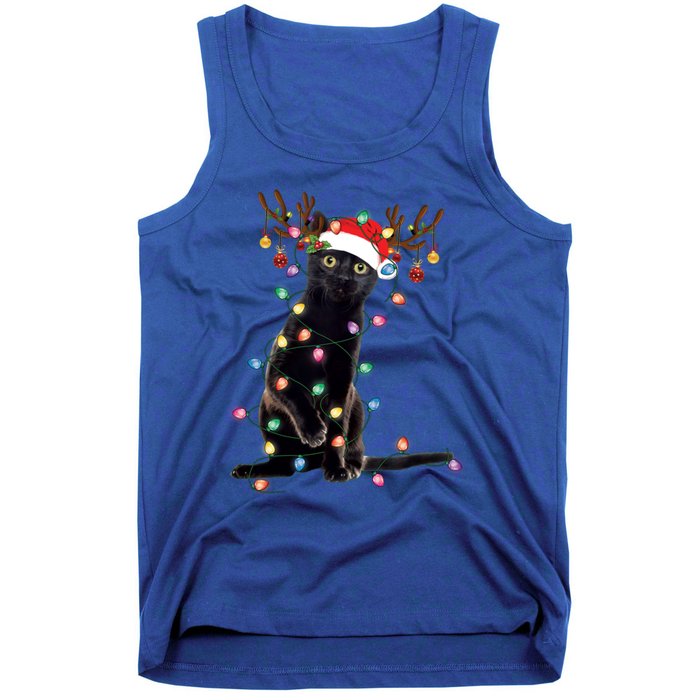 Black Cat Christmas Lights Santa Funny Cat Dad Mom Xmas Funny Gift Tank Top