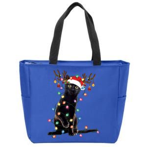 Black Cat Christmas Lights Santa Funny Cat Dad Mom Xmas Funny Gift Zip Tote Bag