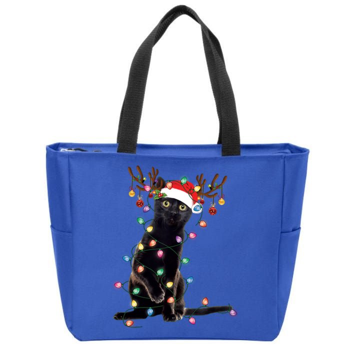 Black Cat Christmas Lights Santa Funny Cat Dad Mom Xmas Funny Gift Zip Tote Bag