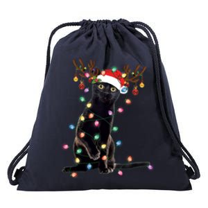 Black Cat Christmas Lights Santa Funny Cat Dad Mom Xmas Funny Gift Drawstring Bag