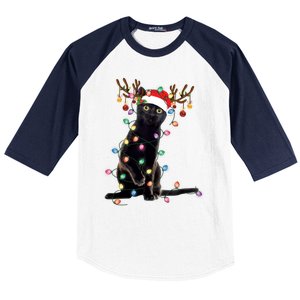 Black Cat Christmas Lights Santa Funny Cat Dad Mom Xmas Funny Gift Baseball Sleeve Shirt