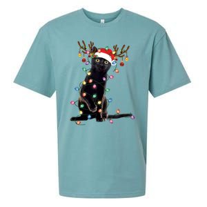 Black Cat Christmas Lights Santa Funny Cat Dad Mom Xmas Funny Gift Sueded Cloud Jersey T-Shirt