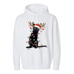 Black Cat Christmas Lights Santa Funny Cat Dad Mom Xmas Funny Gift Garment-Dyed Fleece Hoodie